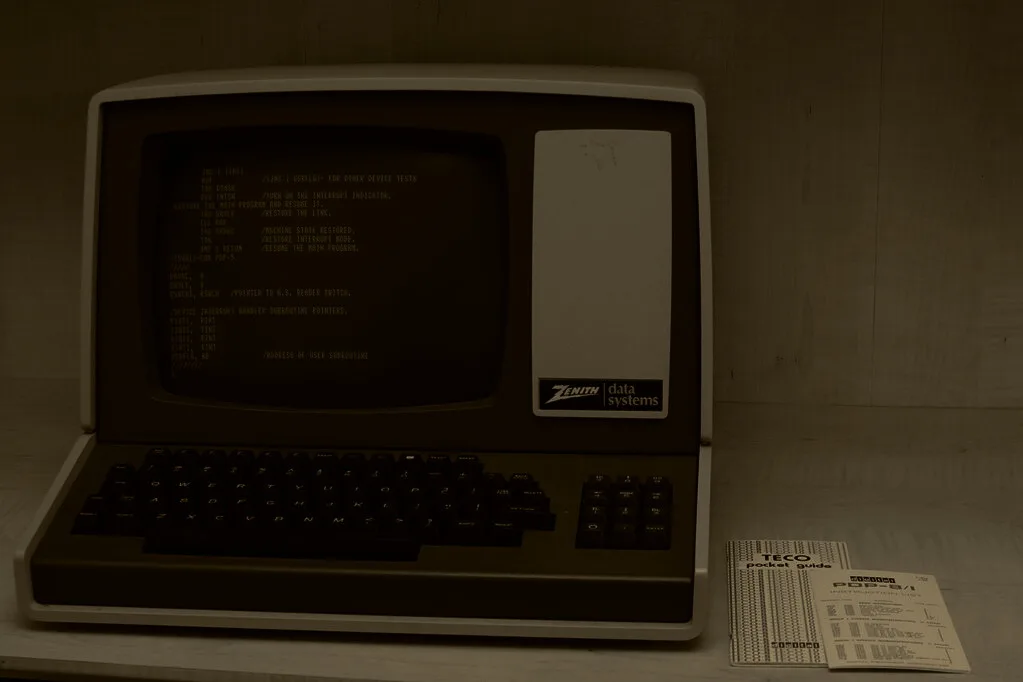 A Zenith Z-19 terminal, its screen still lit
